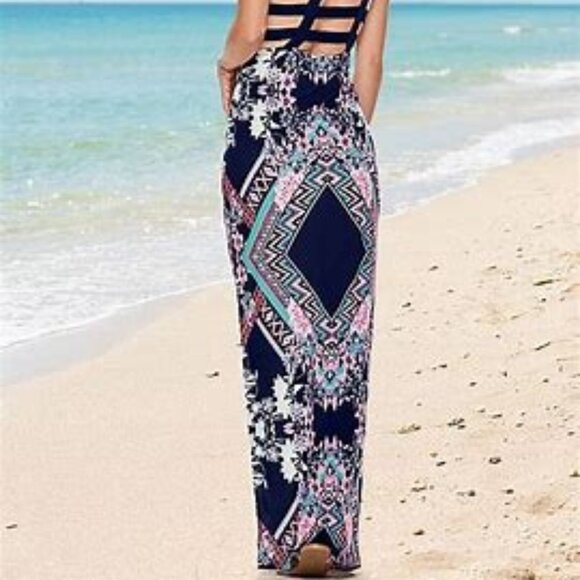 Venus Hi Necked Lattice Back Side Slit Maxi Dress Sz Lg. NEW - Picture 2 of 14